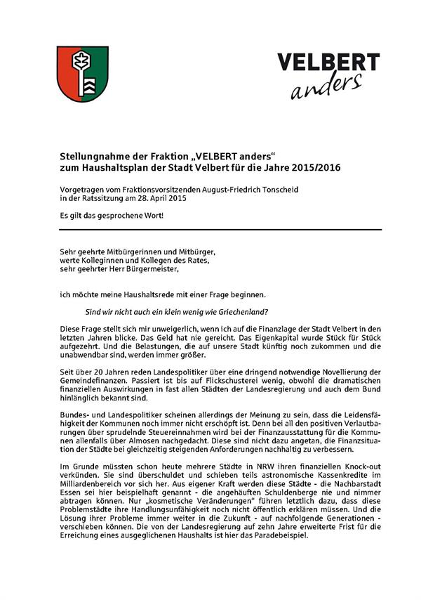 Haushalt für die Jahre 2015 und 2016 mit breiter Ratsmehrheit verabschiedet